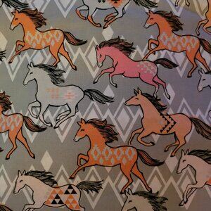 Orange, Pink & Tan Horses Indian Design Fabric - 1 Yard by 42" Wide